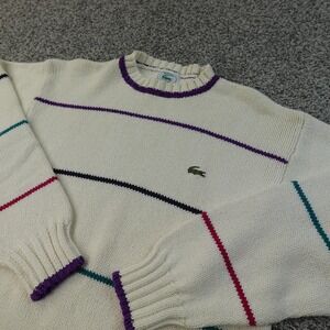 VTG Izod Lacoste Sweater Mens L White Stripe Pullover Crewneck Knit Croc Logo